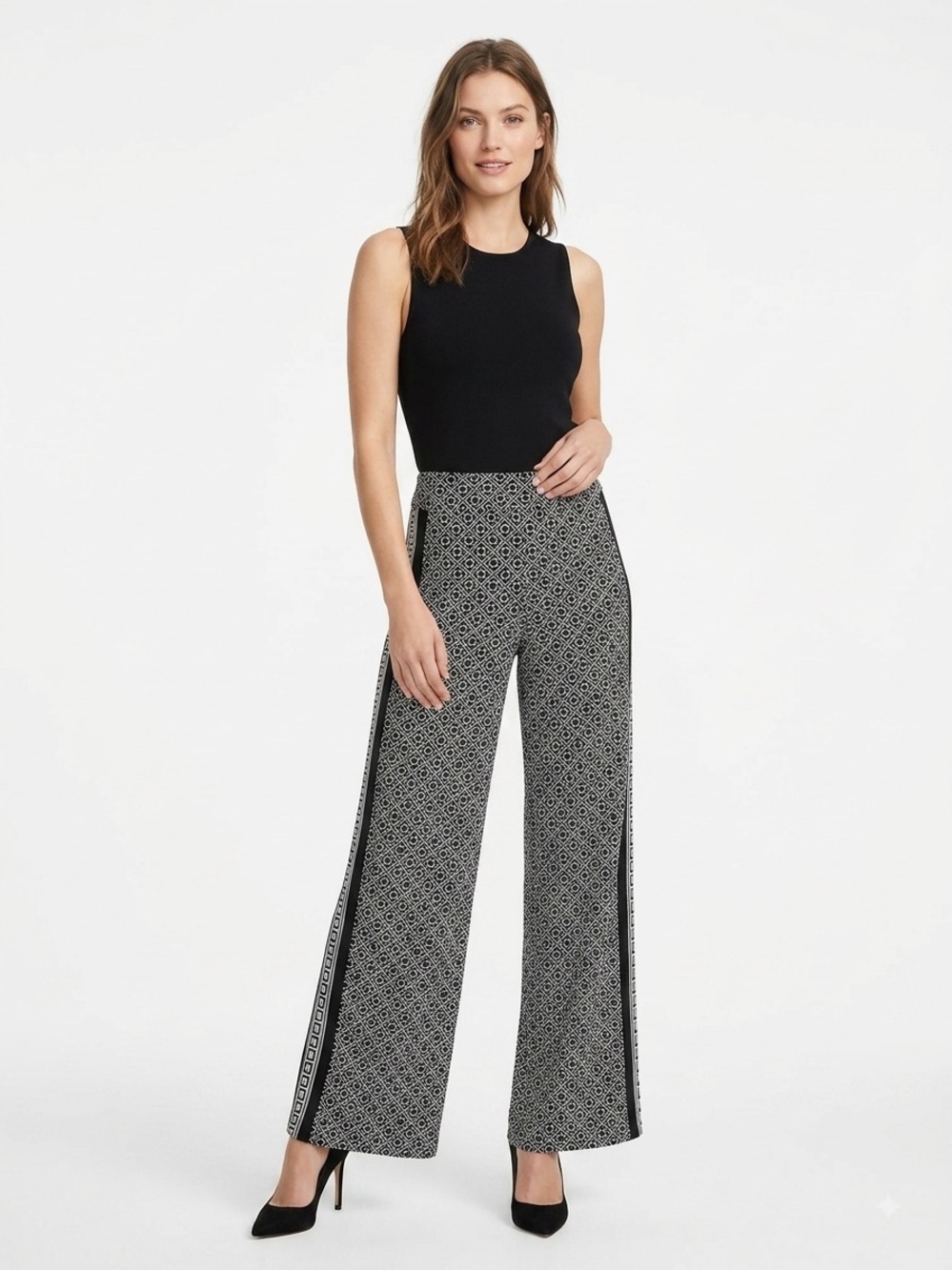 White House Black Market Black White Geometric Wide Leg Pants Sz Small Regular